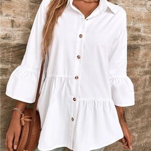 New* Flounce Sleeve Button Front Peplum Shirt
